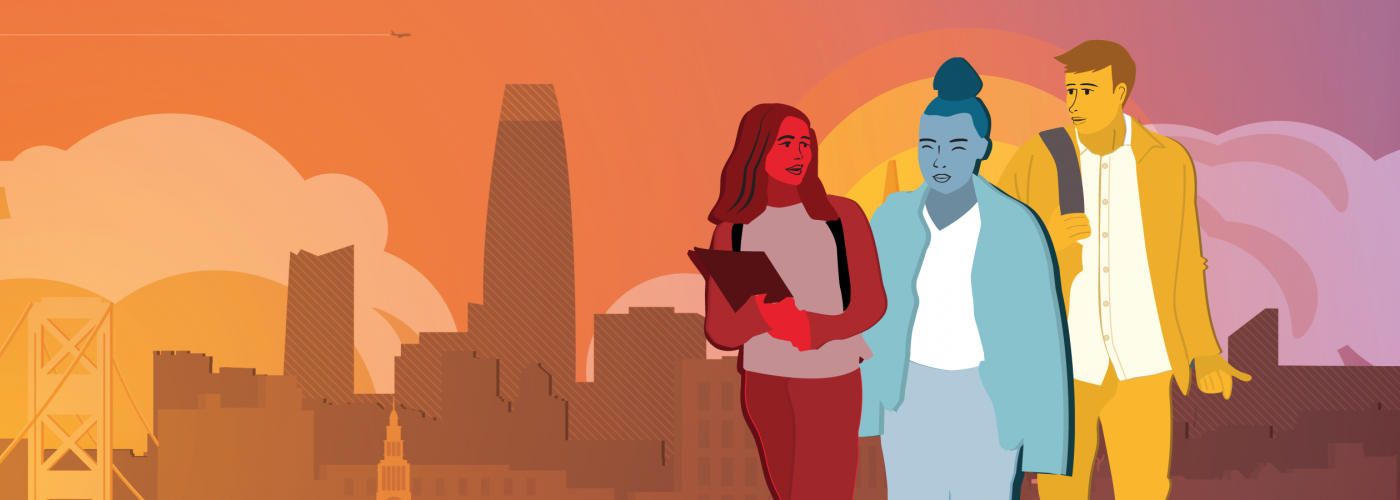 graphic of students walking with SF skyline in background